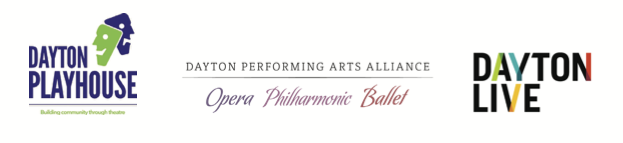 Sponsors for Art of Love featuring "Dyaton Playhouse" logo, "Dayton Performing Arts Association" logo and the "Dayton Live" logo in a row. 